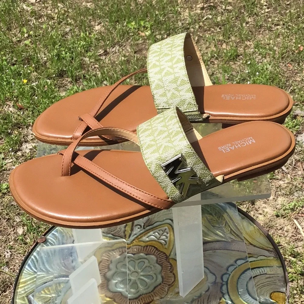 Michael By Micheal Kors Sidney Thong Flat Tan and Green MK Logo Women's Sandals - Picture 6 of 16